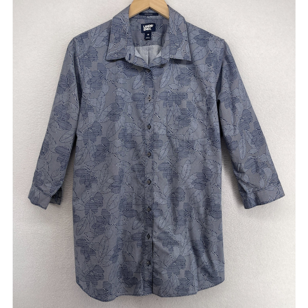 LANDS END Top Womens 18 No Iron Supima Tunic Shirt Leaves Print Button Up Blue